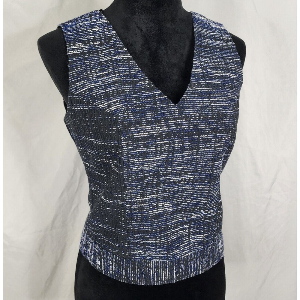 BANANA REPUBLIC Size 2 Blue Black‎ & Silver Tweed V-neck Zip Back Career Blouse